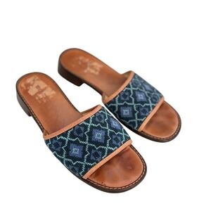 Stubbs & Wootton Leather Slides Blue Geometric Needlepoint Flats Sandals 39 Sz 8